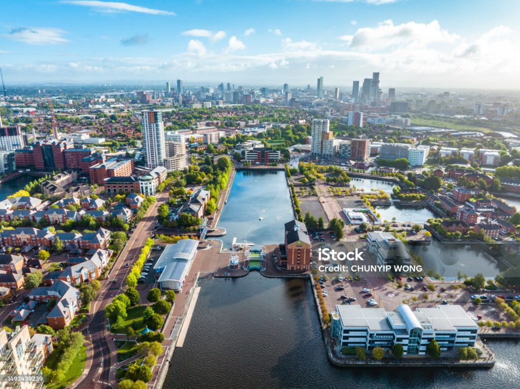 Drone view of Media city Salford quays, Manchester